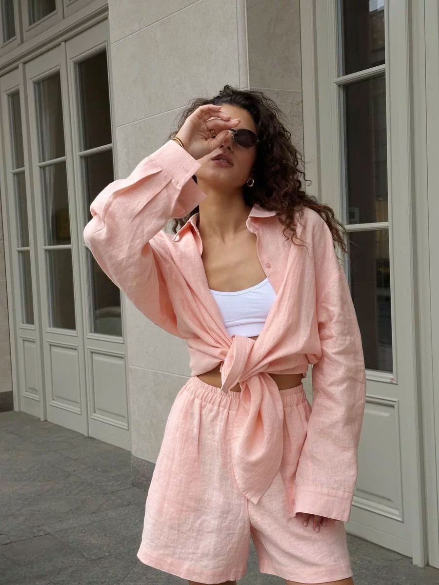 Long Sleeve Button Cardigan and Shorts Set Solid Color Casual