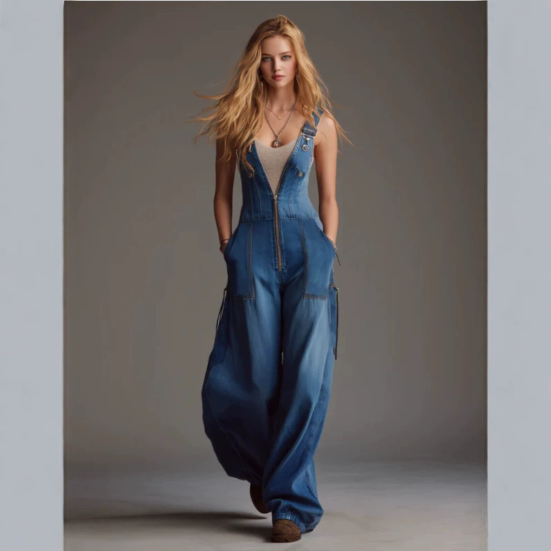 Blue Front Zip Denim Jumpsuit Casual Wide-Leg Sleeveless