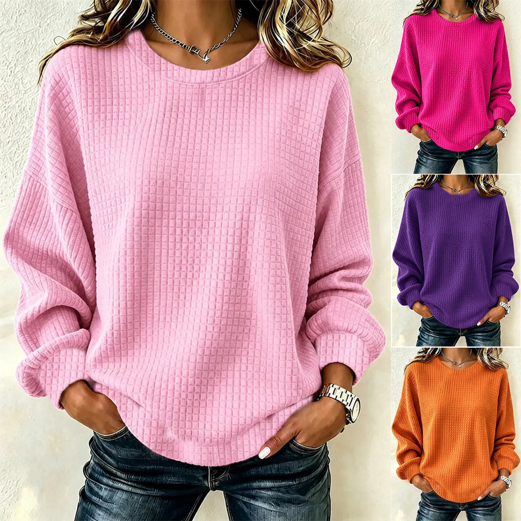 Waffle Knit Long Sleeve Crewneck Pullover Sweatshirt