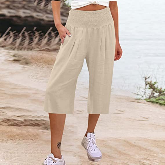 Women's Summer Smocked Wide-Leg Capri Pants Casual Loose Fit