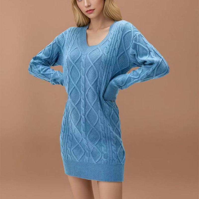 V-Neck Cable-Knit Midi Sweater Dress Solid Color