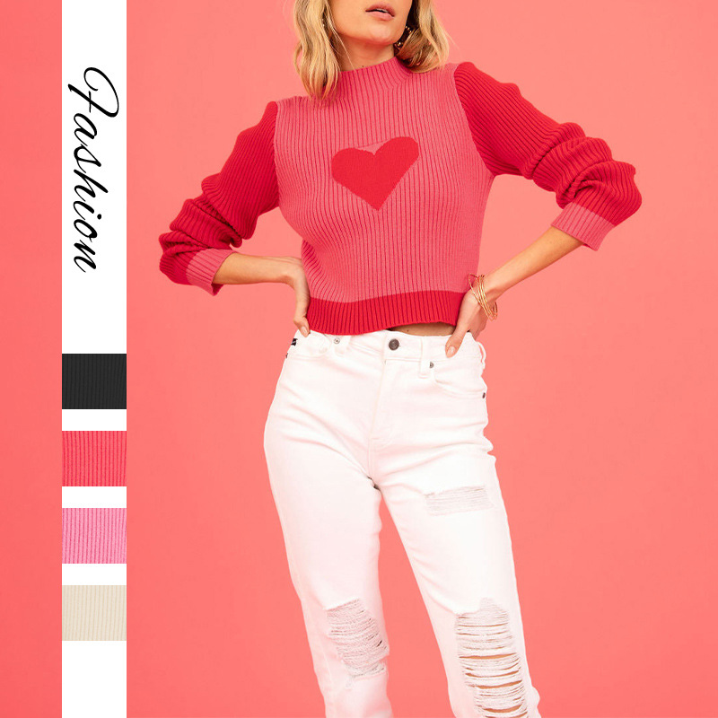 Heart Pattern Crewneck Pullover Knit Sweater