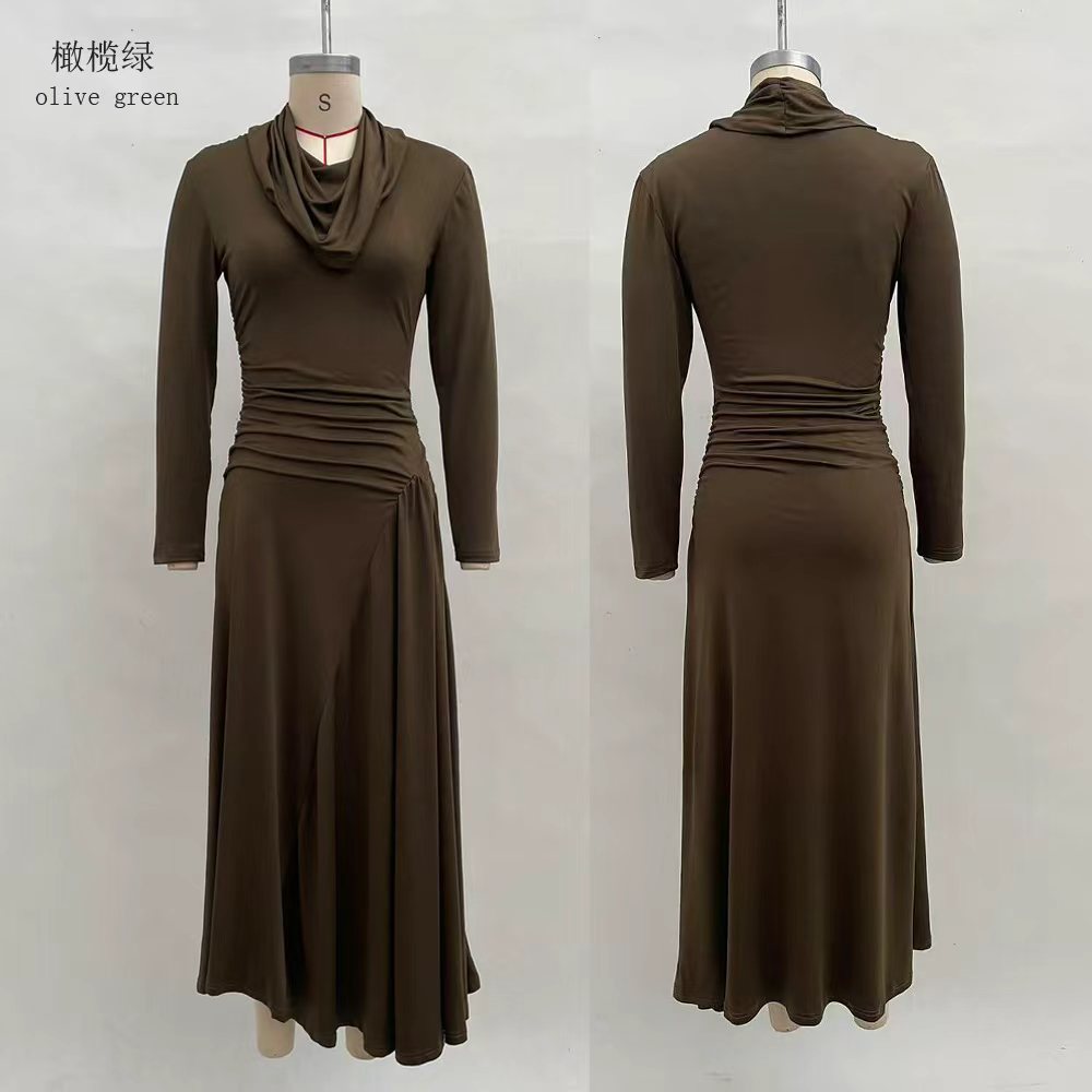 Elegant Ruched Cowl Neck Slim Fit Long Sleeve Dress