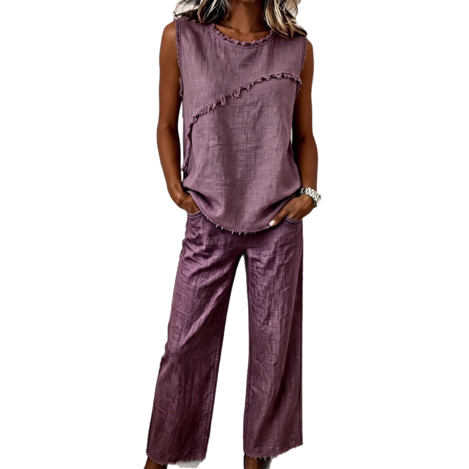 Women's Sleeveless Fringe Trim Top & Wide-Leg Pants Two-Piece Set