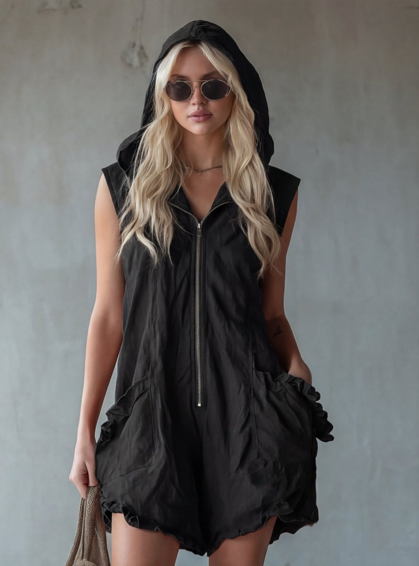 Women's Retro Hooded Zip Sleeveless Faux Linen Jumpsuit