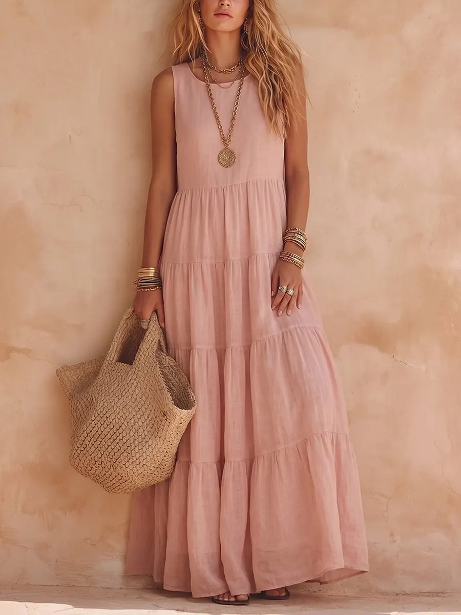 Solid Sleeveless Plus Size Maxi Dress with Round Neck and Shirred Details