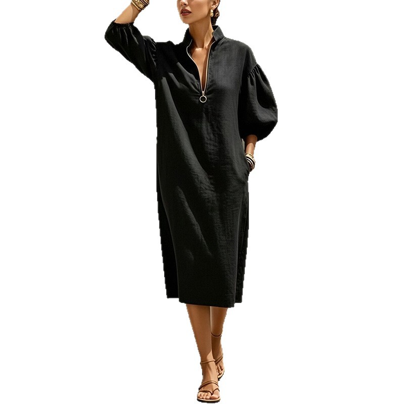 Women's Casual Loose Stand Collar Puff Sleeve Midi Dress