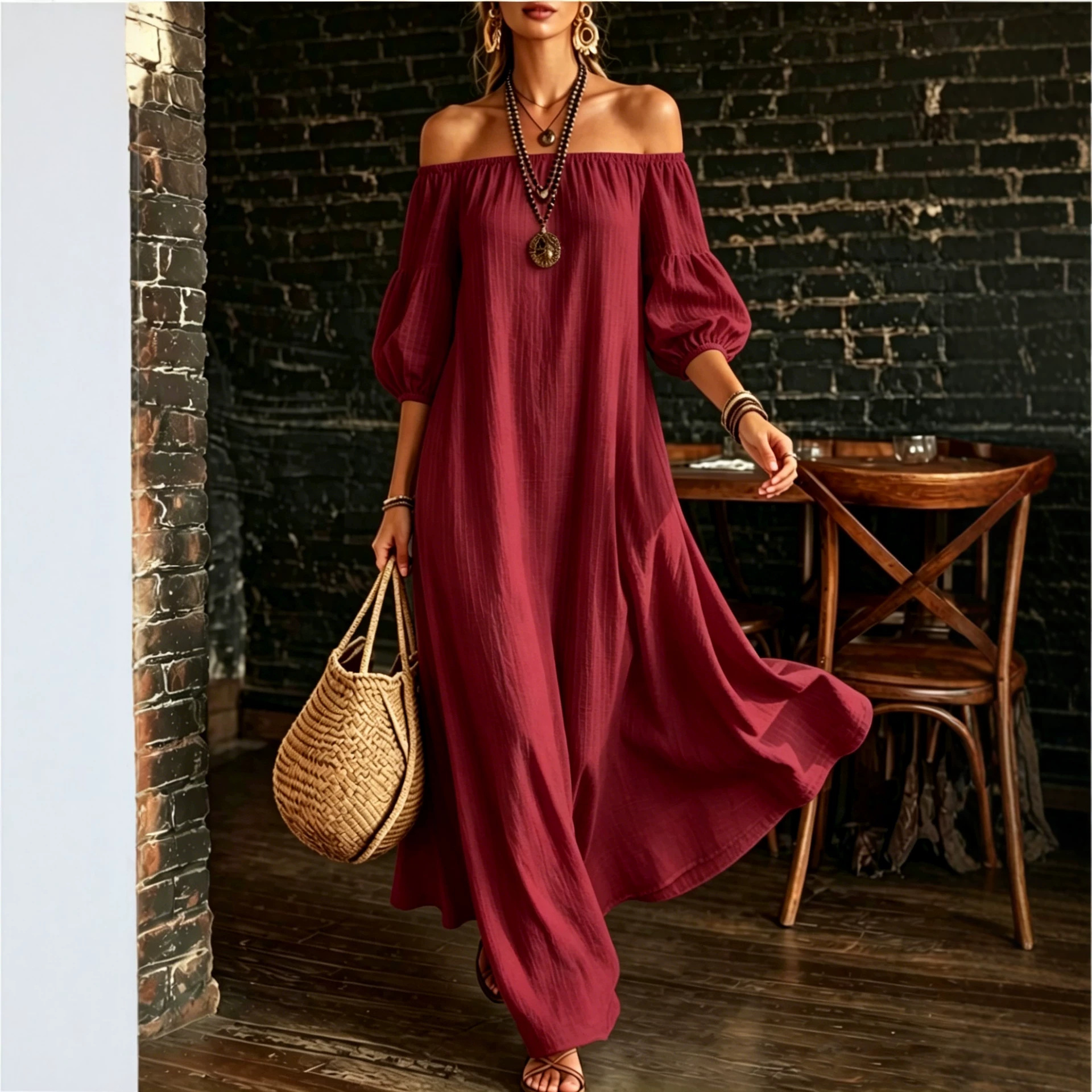 Off-Shoulder Puff Sleeve Textured Solid Color Dress Women Loose Flowy Vacation Beach Long Dress