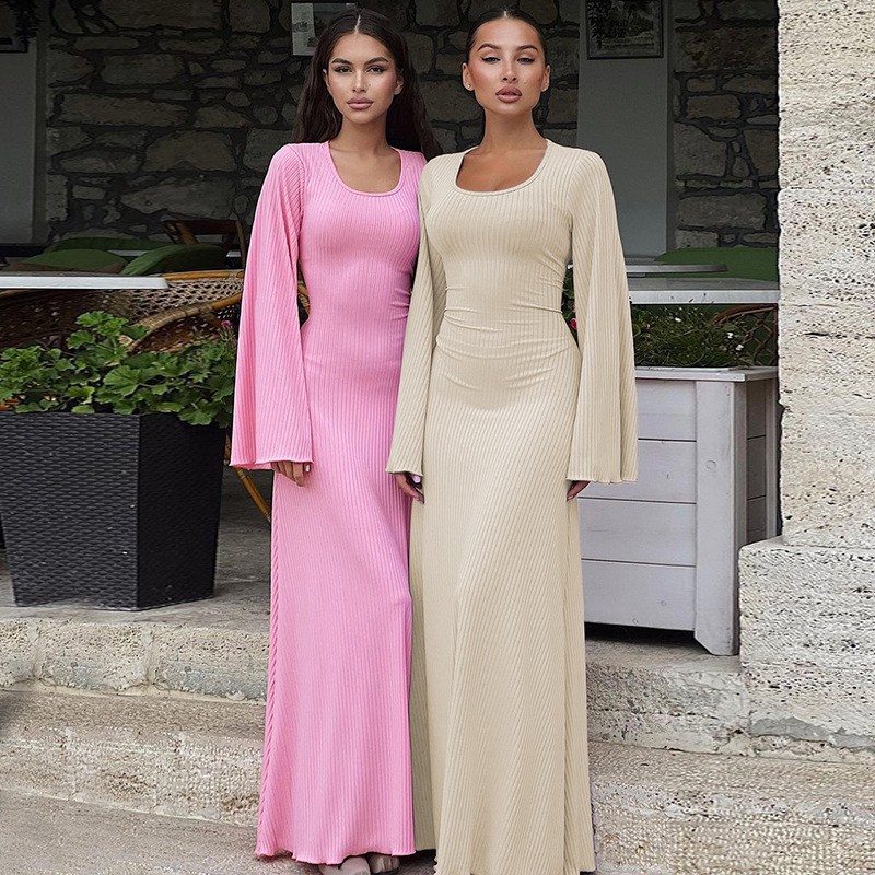 Women's Loose Fit High Waist Ribbed Long Sleeve Dress with Back Tie and Flared Sleeves