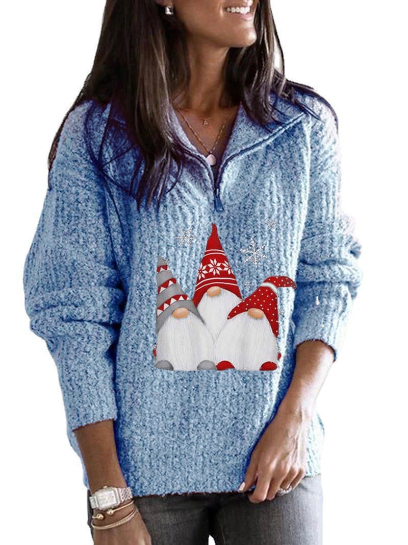 Christmas Santa Print Zip-Up Long-Sleeve Knit Sweater for Women