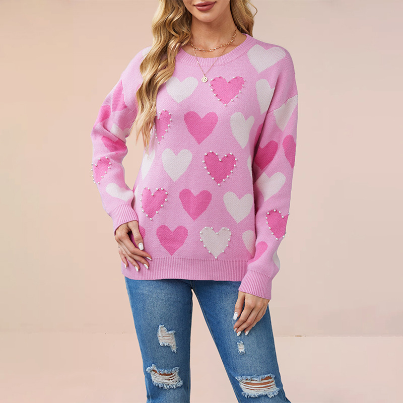 Beaded Heart Crewneck Knit Sweater for Women