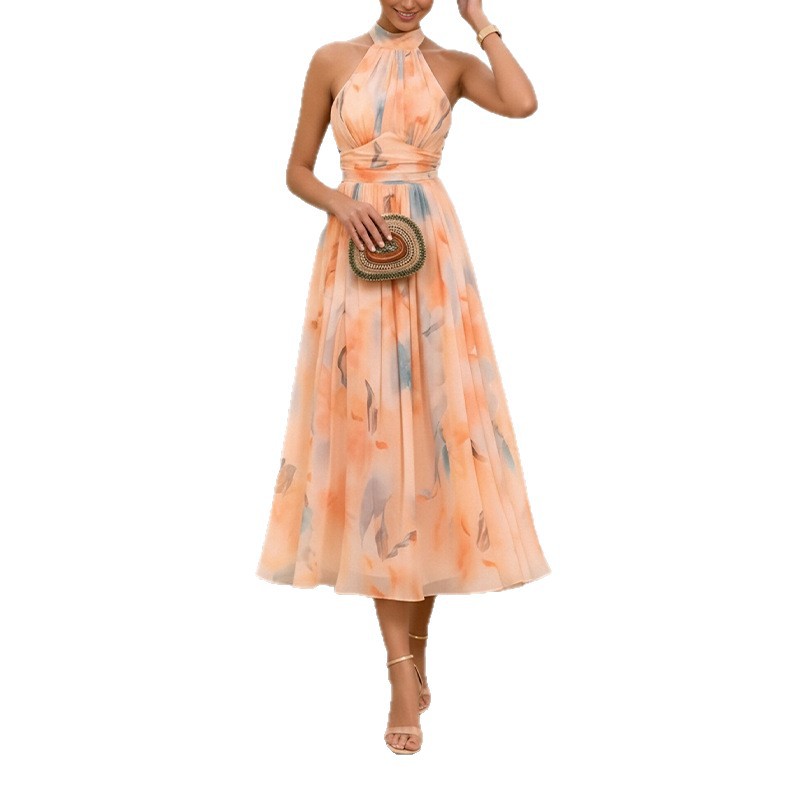 Elegant Printed A-Line Dress Sleeveless High Waist Long