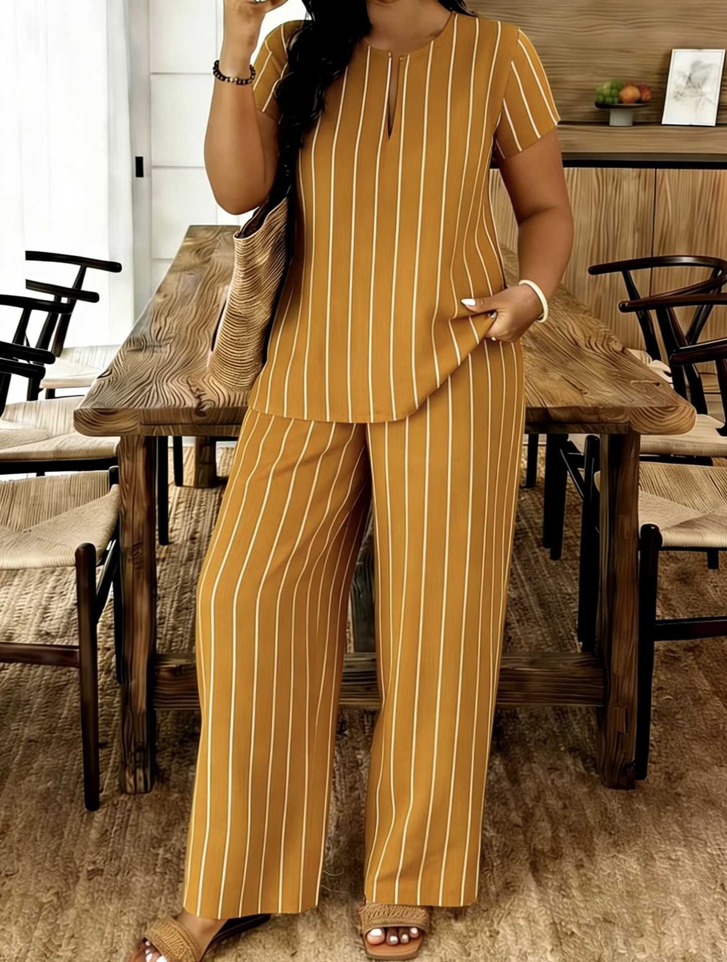 Women's V-Neck Top and Pants Set Casual Striped Two-Piece