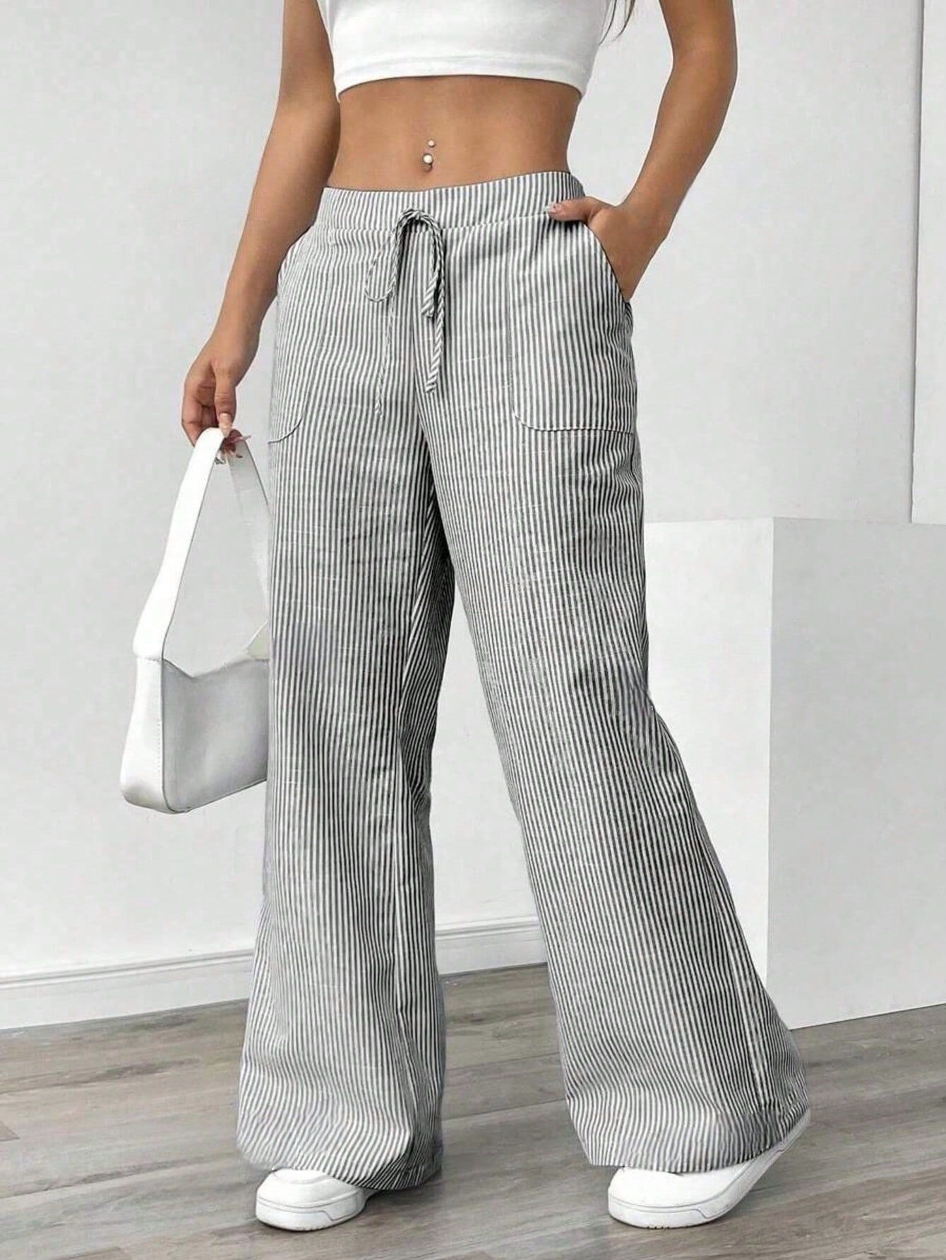 Striped Wide-Leg Lounge Pants for Women, Lightweight Straight-Cut Casual Trousers