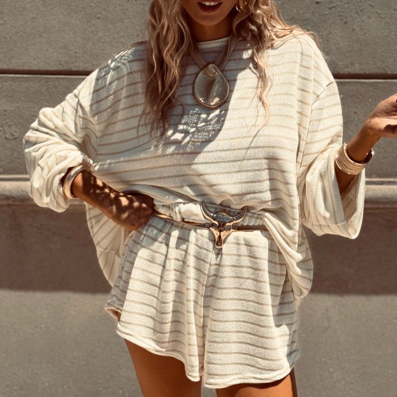 Women's Striped Two-Piece Set with Lantern Sleeve Top and Shorts