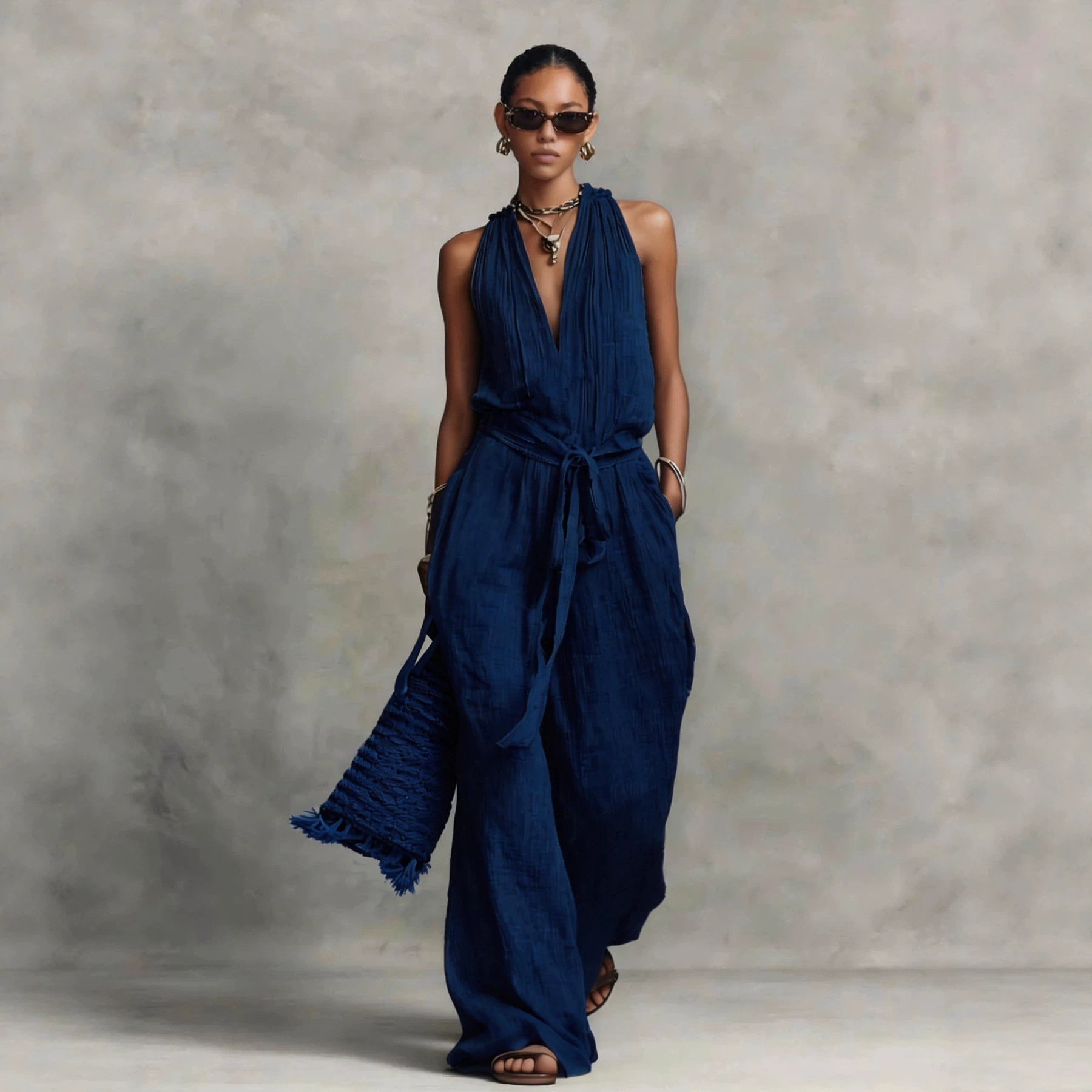 Women's Sleeveless Tie-Front Cotton-Blend Jumpsuit Casual Vacation