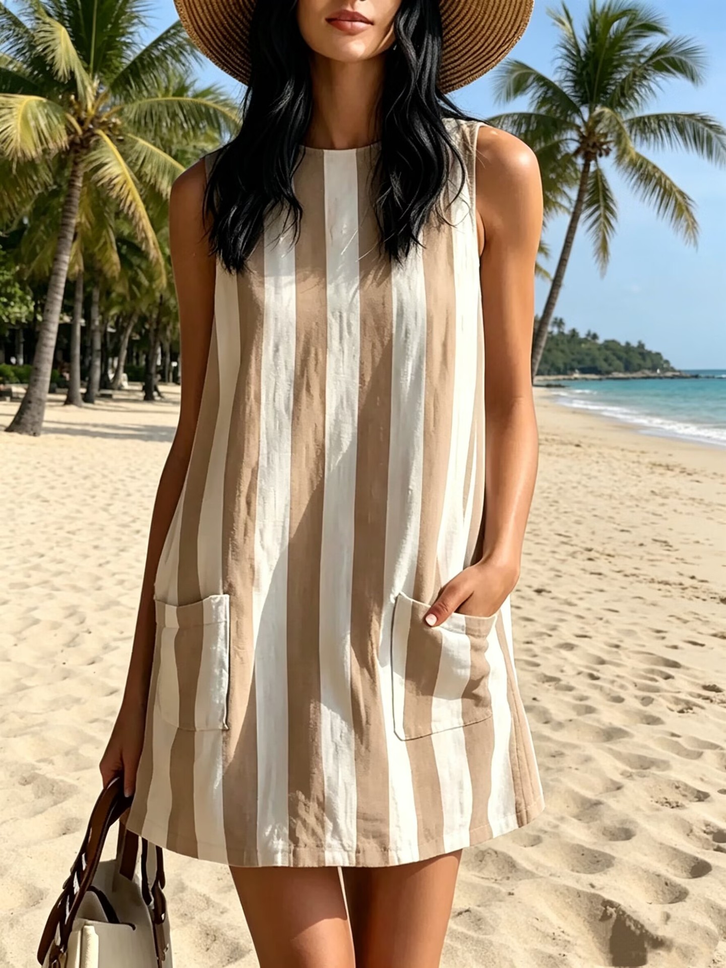 Striped Sleeveless A-Line Dress with Pockets