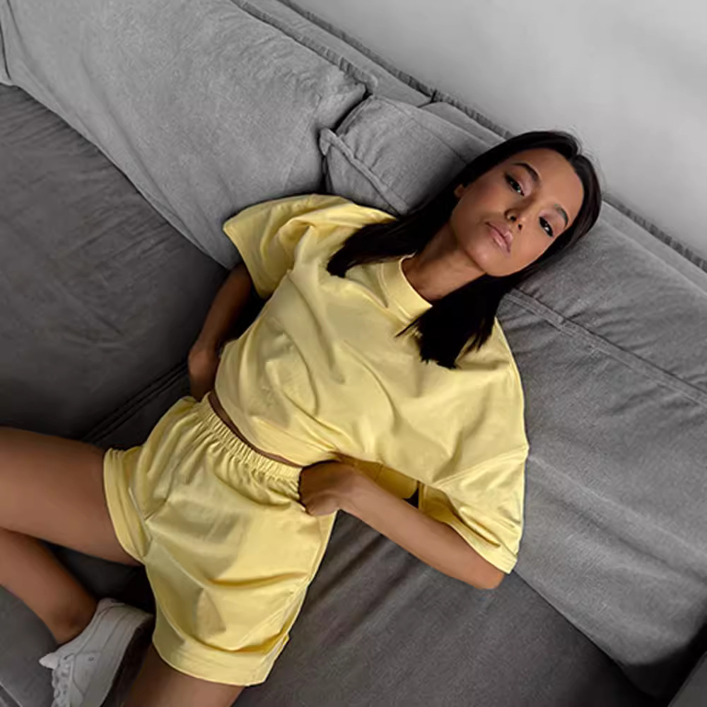 Women's Casual Two-Piece Shorts Set with Short Sleeve Round Neck Top and Solid Color Shorts