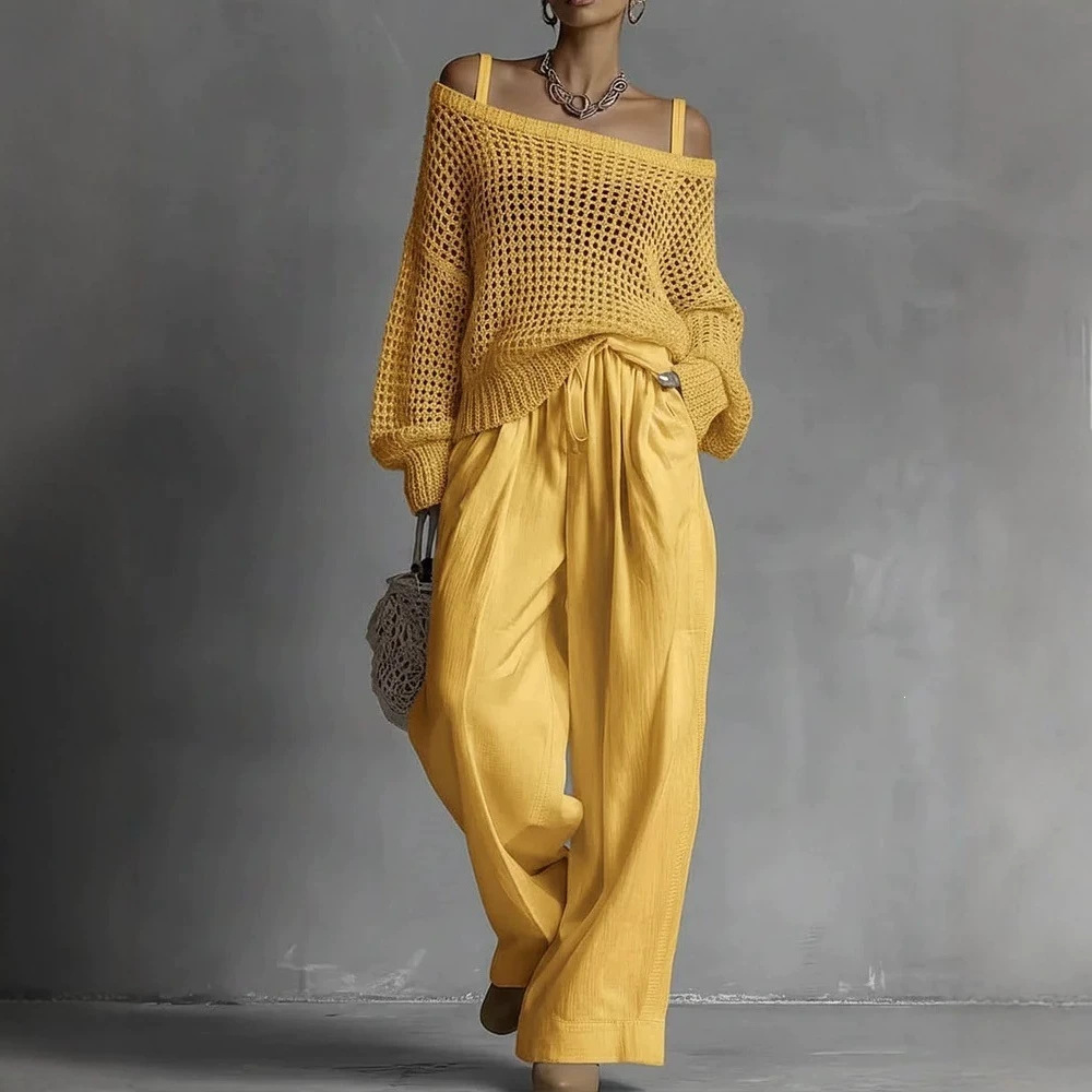 Women's Open-Knit Top and Cotton-Linen Pants Two-Piece Set