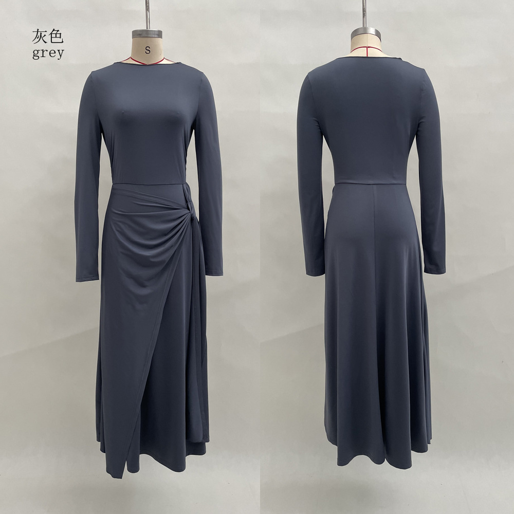 Women's Solid Wrap Long Sleeve Maxi Dress with Knot Detail
