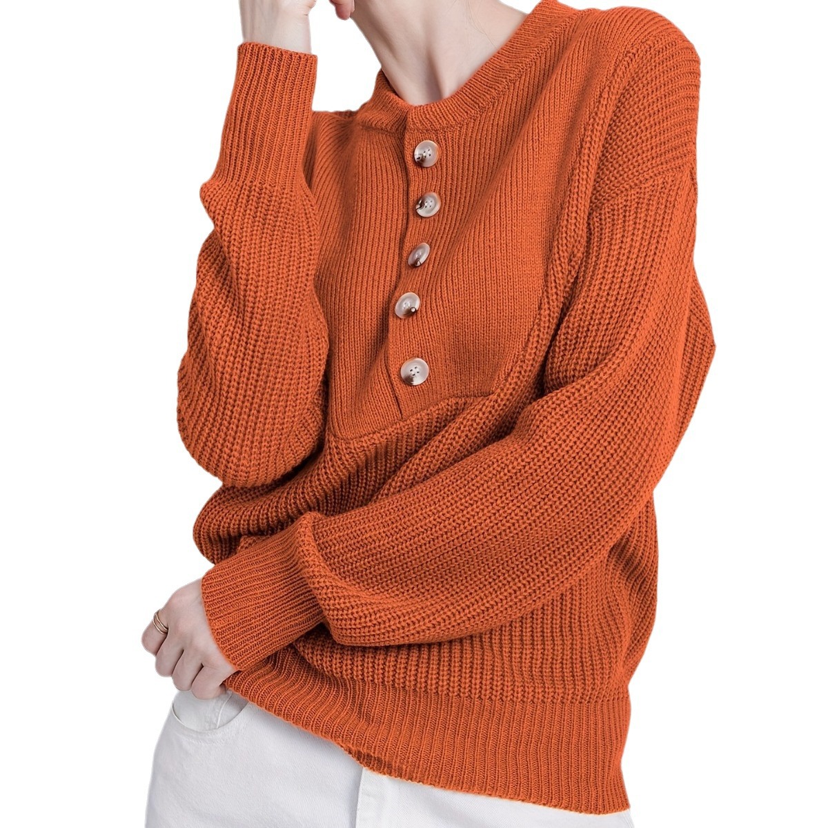 Women's Plus Size Knit Sweater with Buttons, Round Neck, Long Sleeve, Thickened Pullover