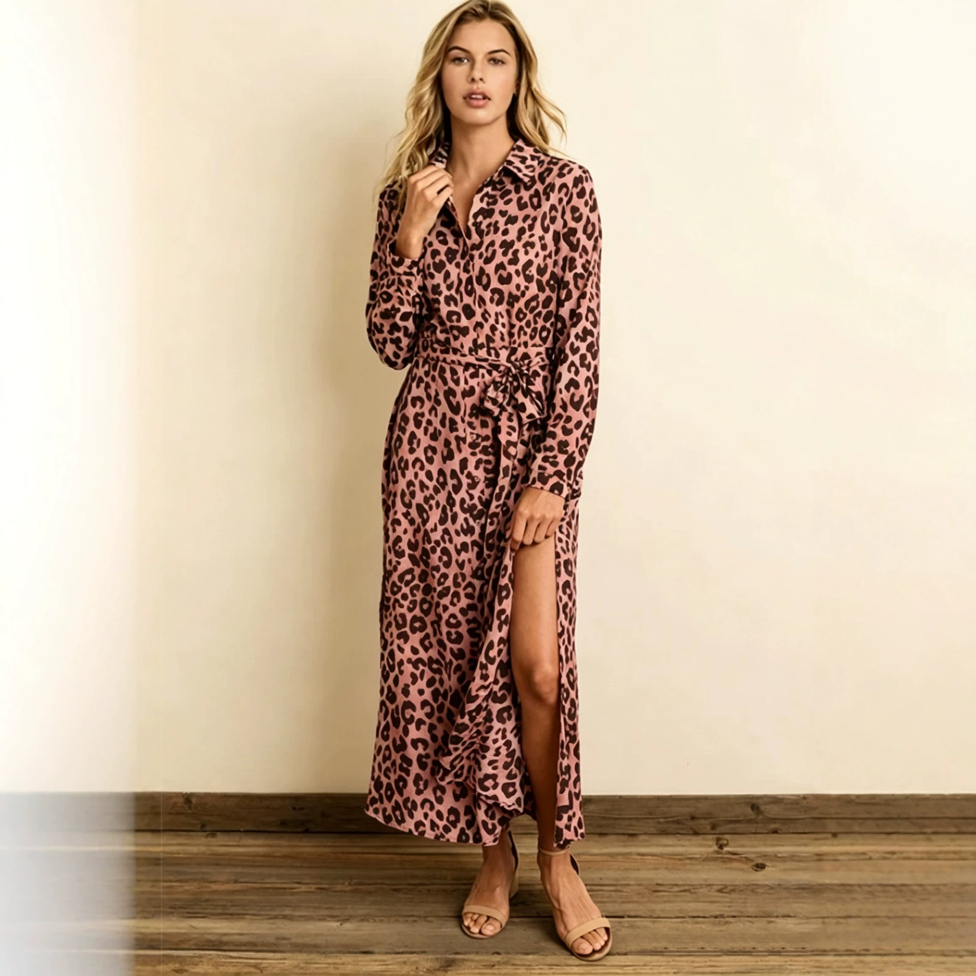 Collared Long Sleeve Tie-Waist Split Long Dress
