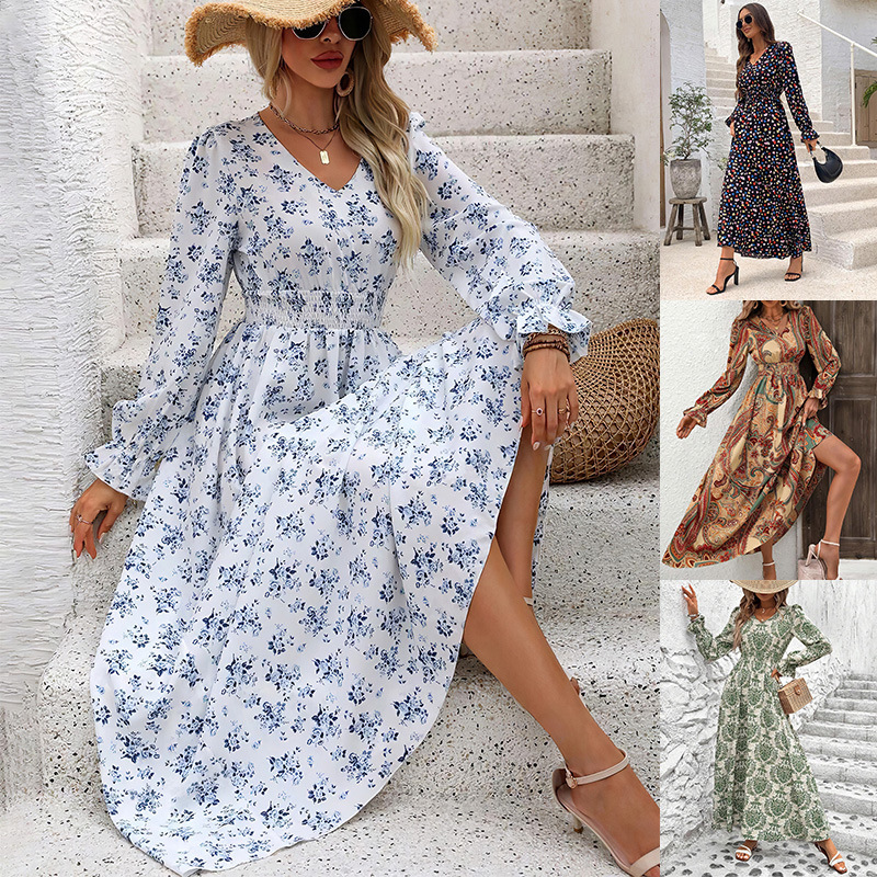 Women's Floral Print V-Neck Long Sleeve Maxi Dress