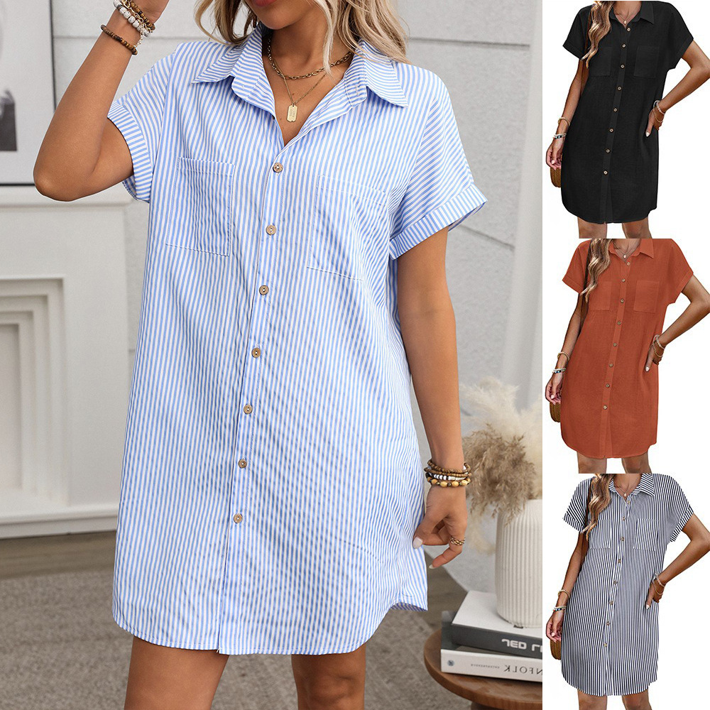 Striped Cotton-Linen Short-Sleeve Midi Shirt Dress