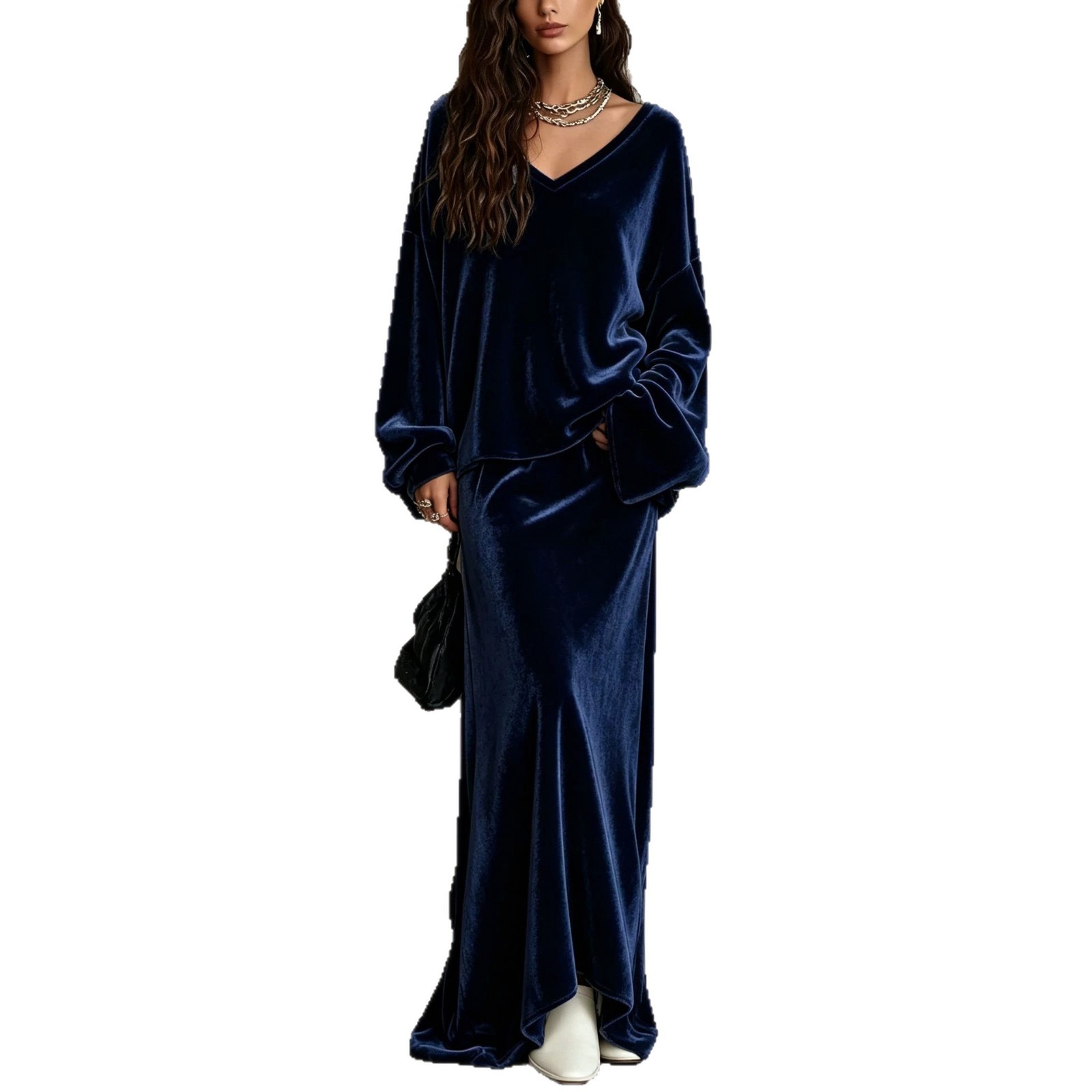 Solid Velvet V-Neck Long Sleeve Women's Skirt Set