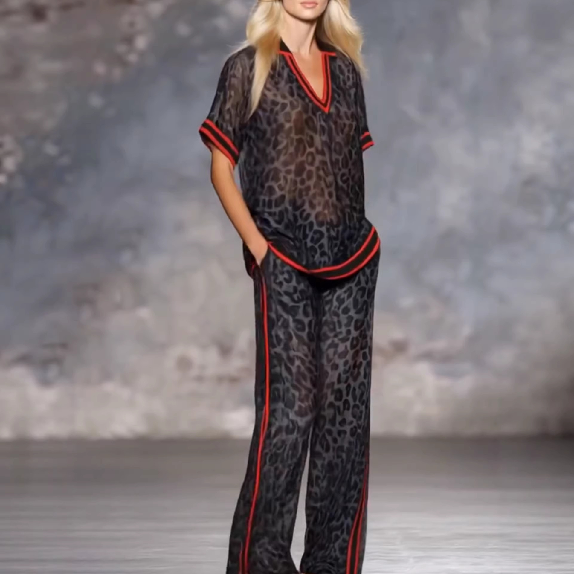 Leopard Print Color-Block Striped Loose Straight-Leg Pants Set