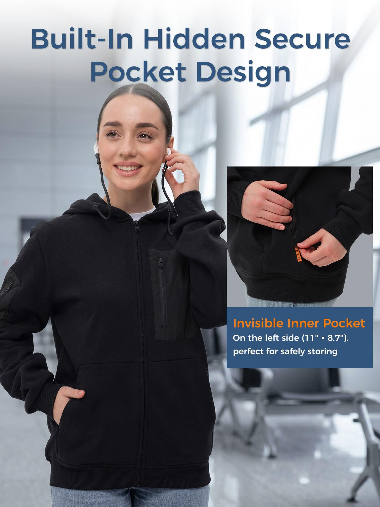 Casual Hooded Zip-Up Sweatshirt Jacket Loose Fit Solid Color