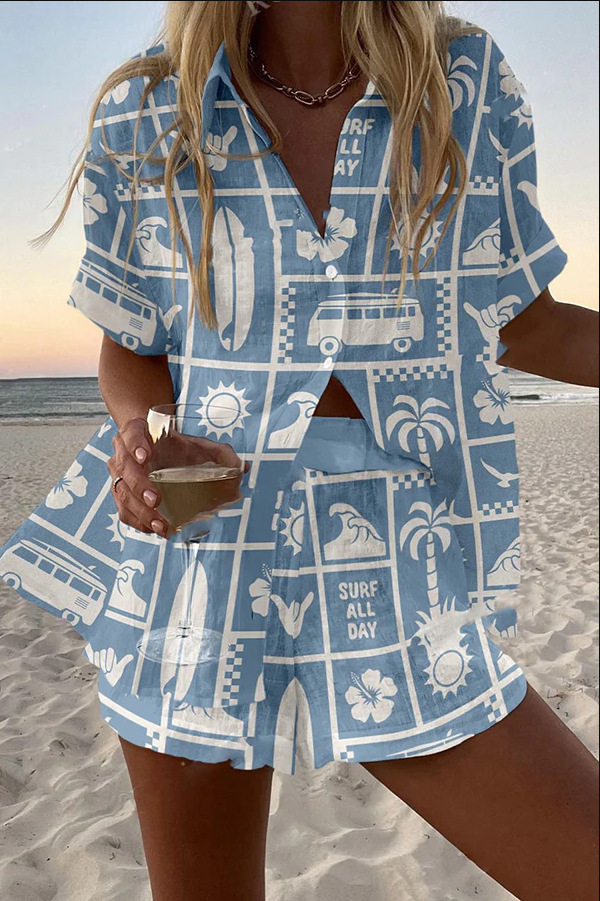 Women's Animal Print Short Sleeve Collared Top Set