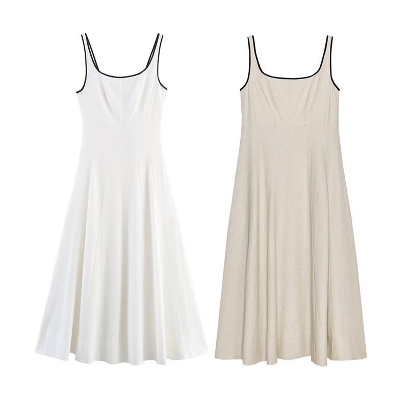 Women's Color-Block Trim Midi Dress Sleeveless Lapel Collar Slim Fit