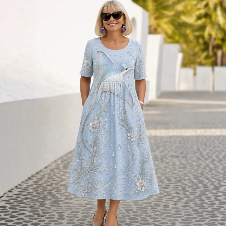 Women's Ocean Animal Print Midi Dress Short Sleeve Round Neck Slim Fit