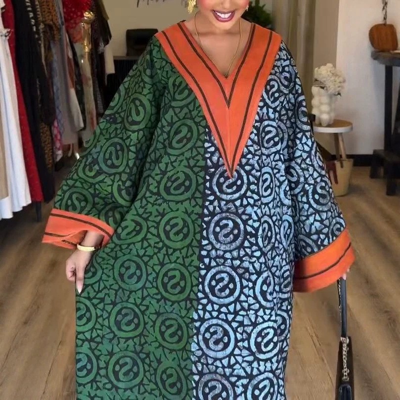 Women's V-Neck Digital Print Colorblock Long Sleeve Long Dress