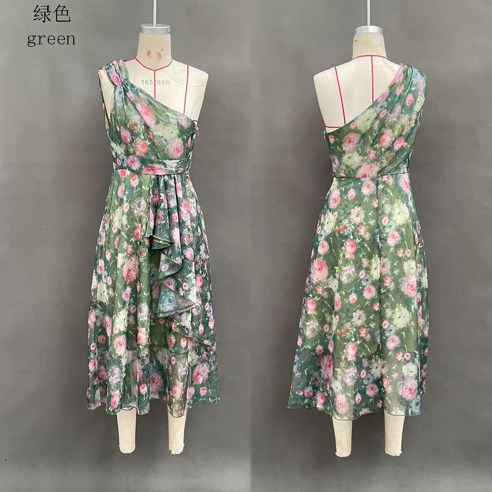 Irregular Floral Print Ruched Waist Sleeveless Dress