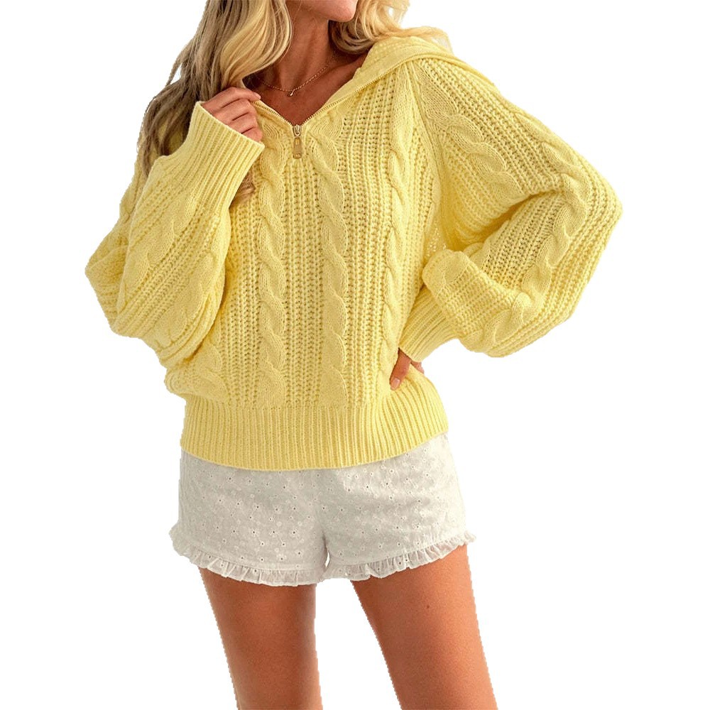 Women's Half-Zip Cable-Knit Sweater with Collar Long Sleeve Loose Pullover