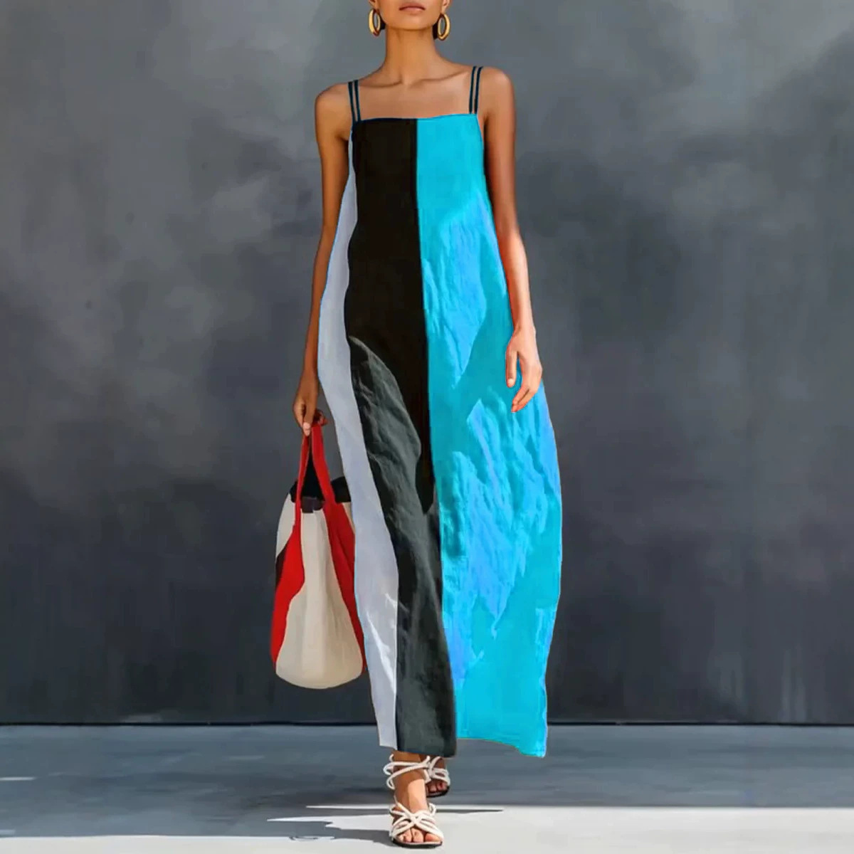 Women's Sleeveless Spaghetti Strap Dress Casual Vacation Color Block Long Dress