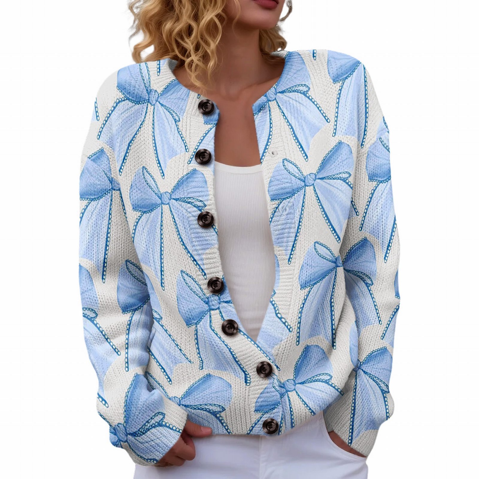 Women's Heart Ribbon Bow Cherry Print Cardigan