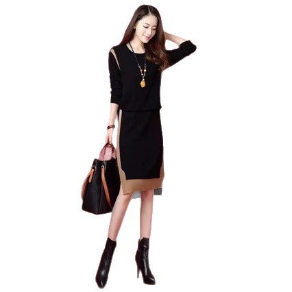 French Knit Dress Women's Long Sleeve Geometric A-Line Midi Dress