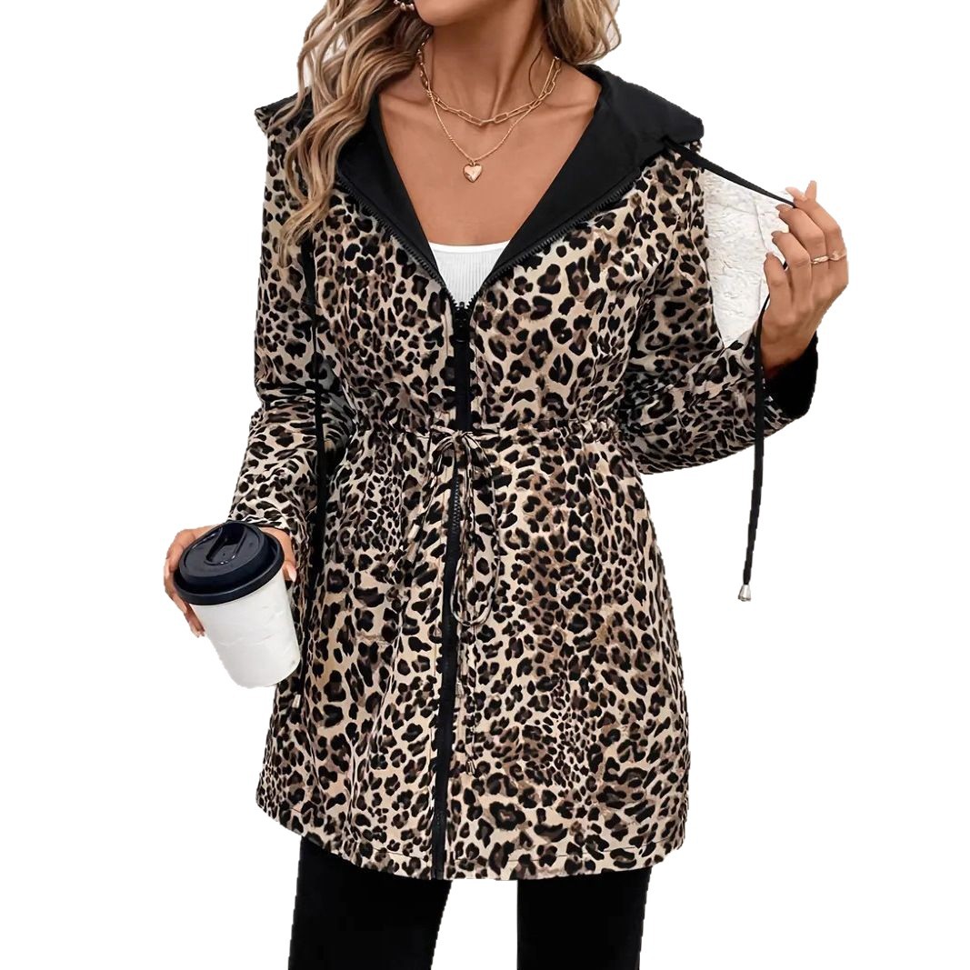 Reversible Leopard Print Hooded Zip Jacket with Belt Long Sleeve
