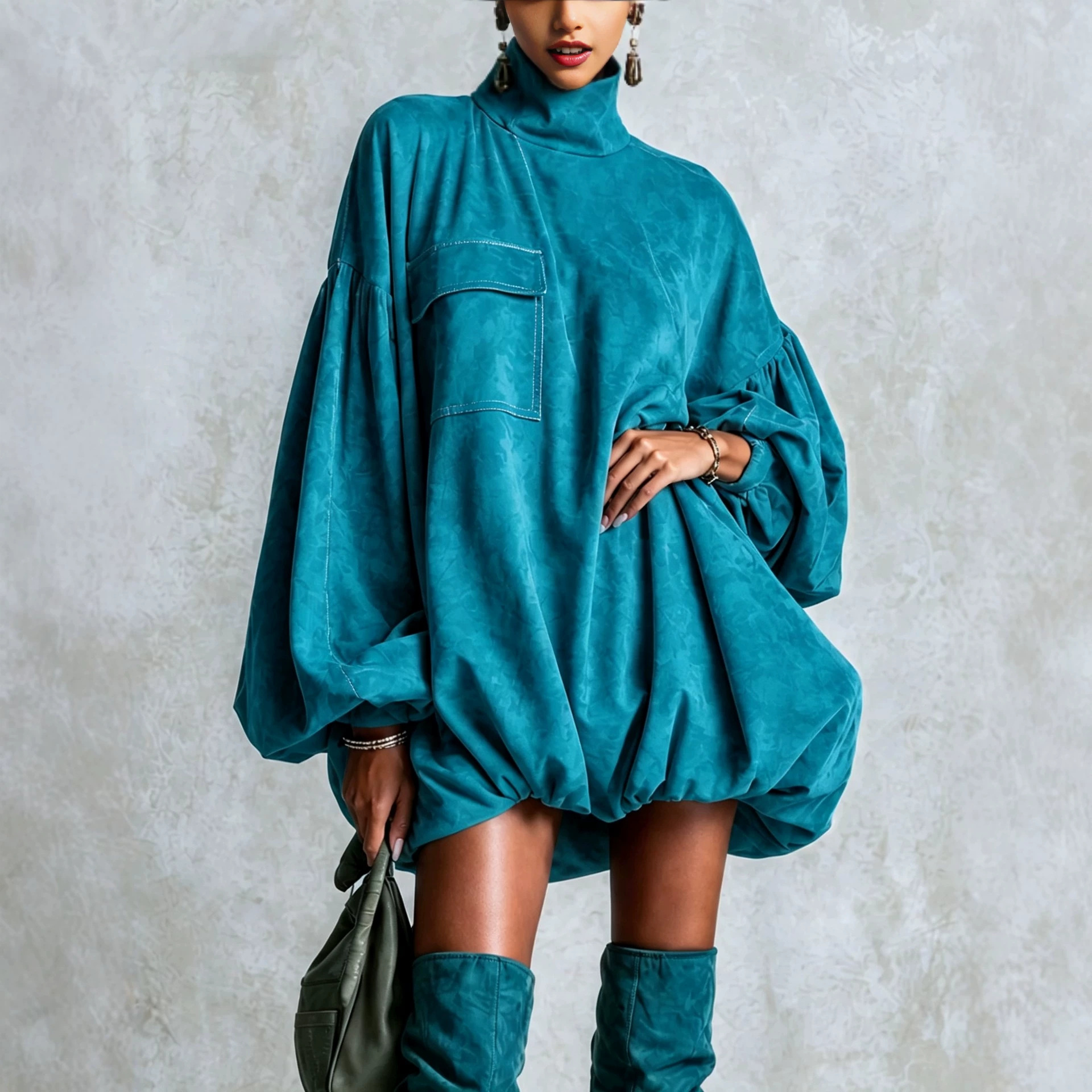Women's High Neck Lantern Sleeve Bubble Hem Mini Dress with Pockets