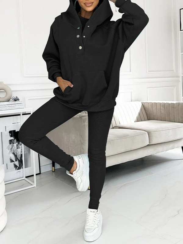 Solid Hooded Button Sweatshirt and Pants Set