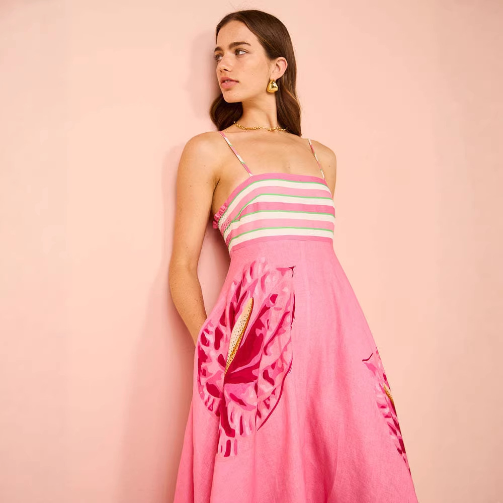 Women's High-Waist Printed Cami Dress with Flared Skirt