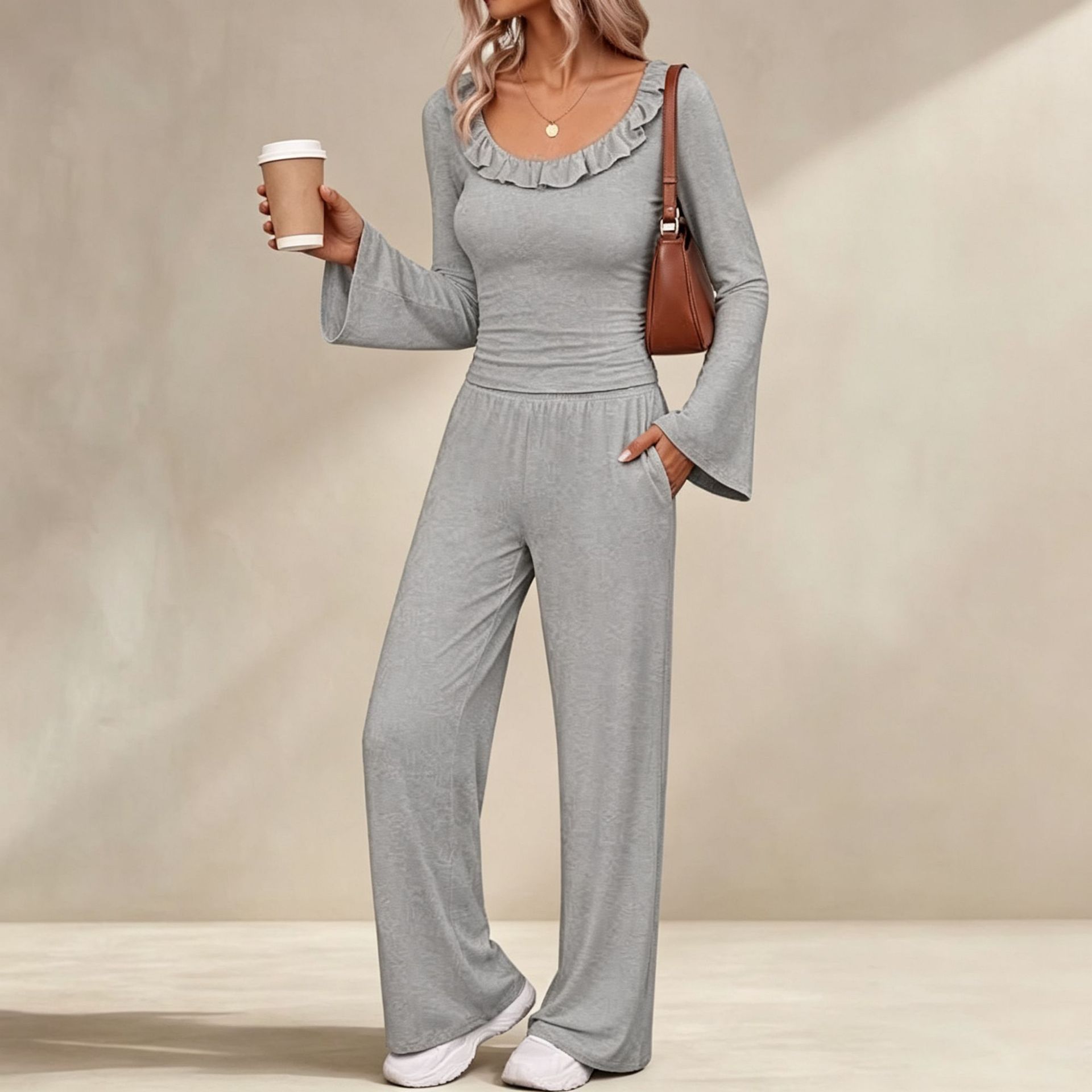 Women's Waist-Cinching Wide-Leg Pants Two-Piece Set