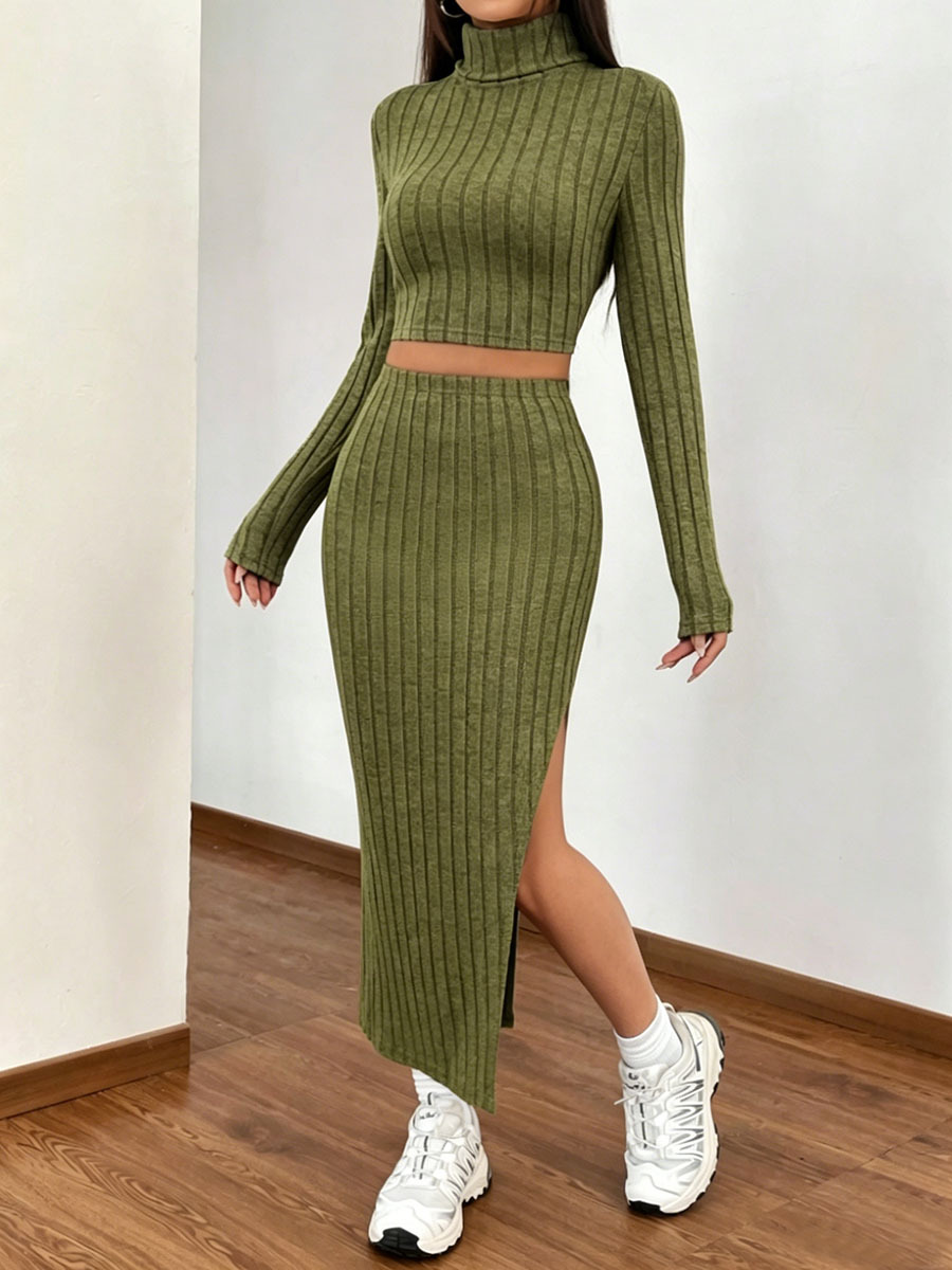 Bodycon Long-Sleeve High-Neck Slit Skirt Set