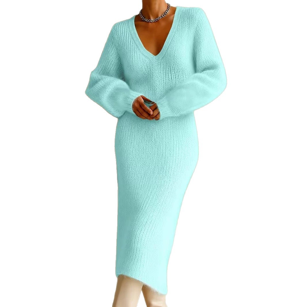 Women's Fuzzy V-Neck Bubble Sleeve Long Dress