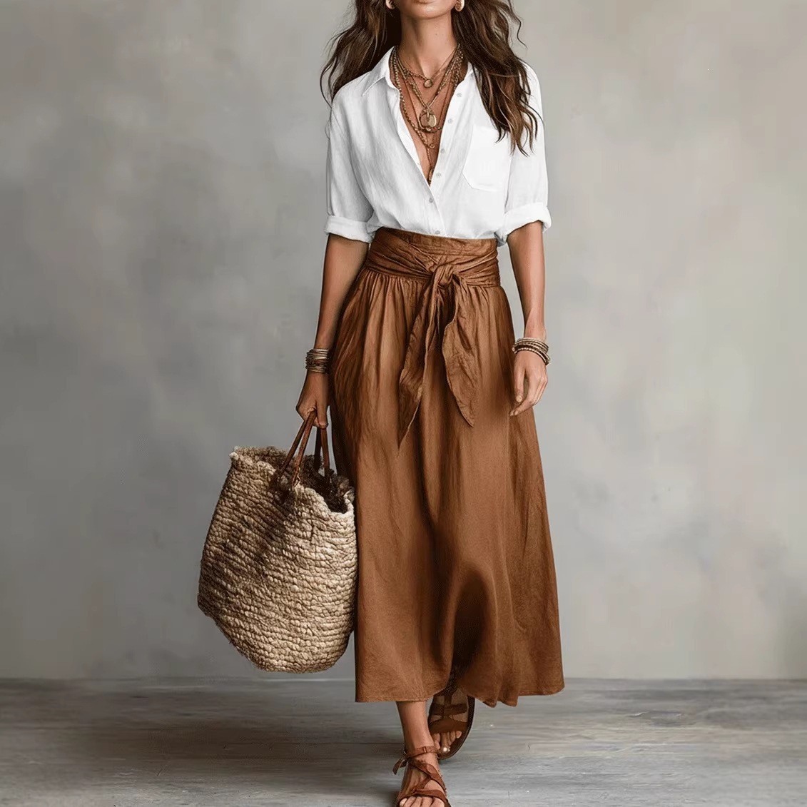 Color-Block Shirt and Midi Skirt Two-Piece Set