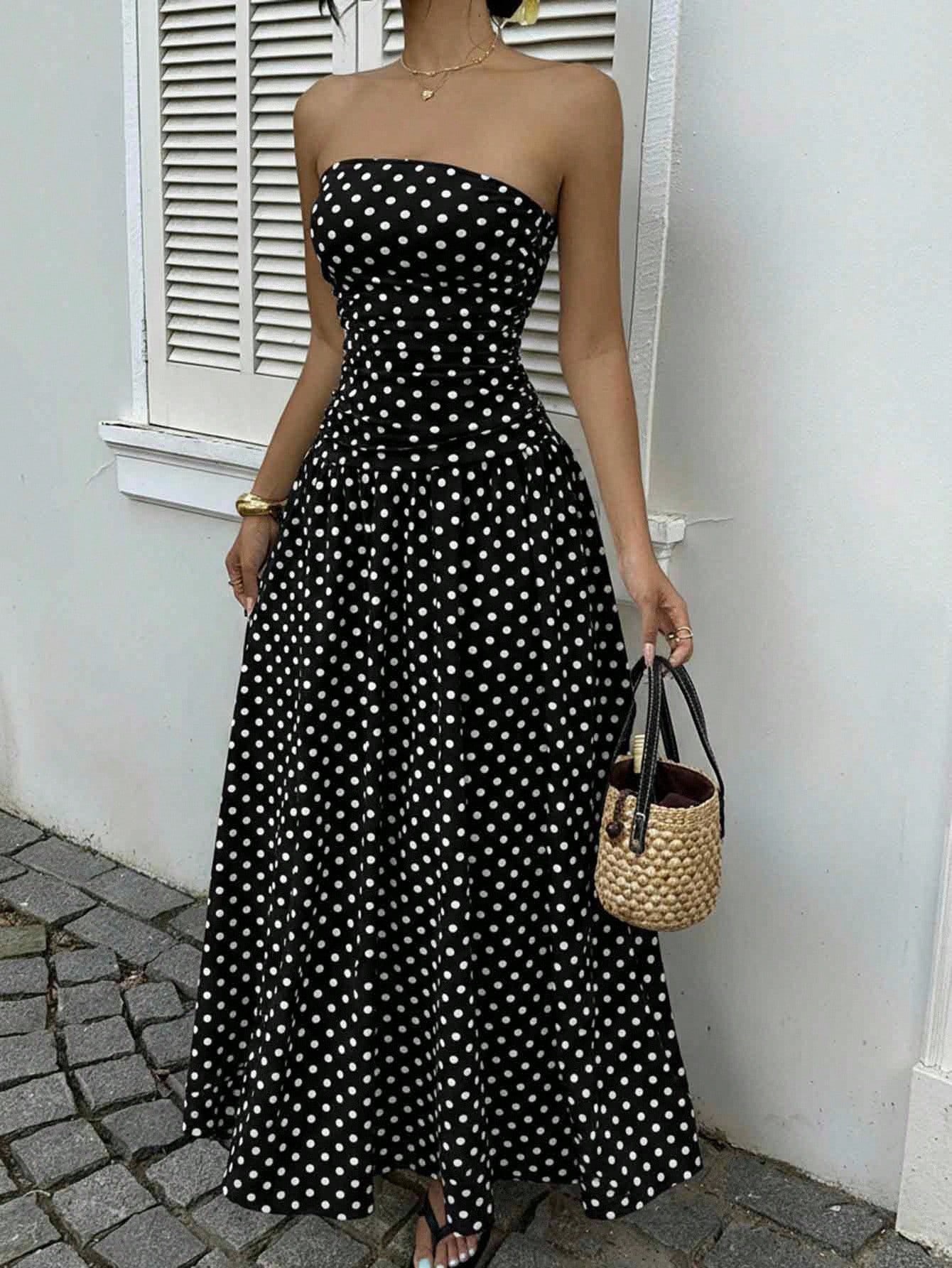 Sexy Off-Shoulder Polka Dot A-Line Dress with Waist-Cinching