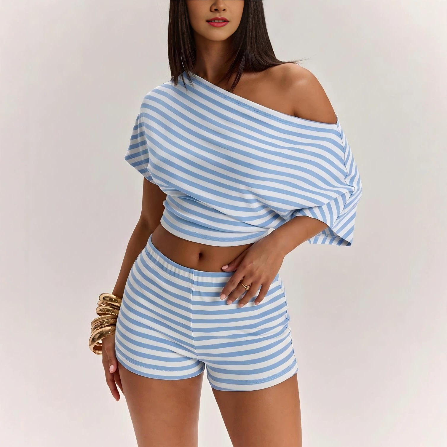 Striped One-Shoulder Short-Sleeve T-Shirt and High-Waist Shorts Set